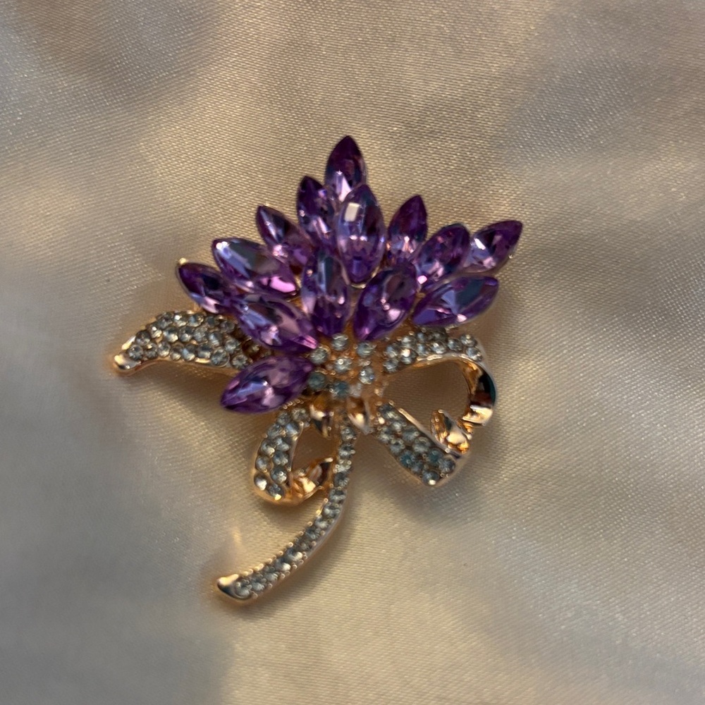 Rhinestone Purple and Gold Floral  Brooch